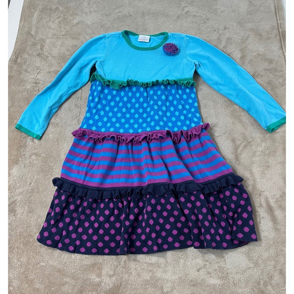 Hanna Andersson Dress Girls Size 8-9yrs Polka Dot Ruffle Striped Pom Pom Blue